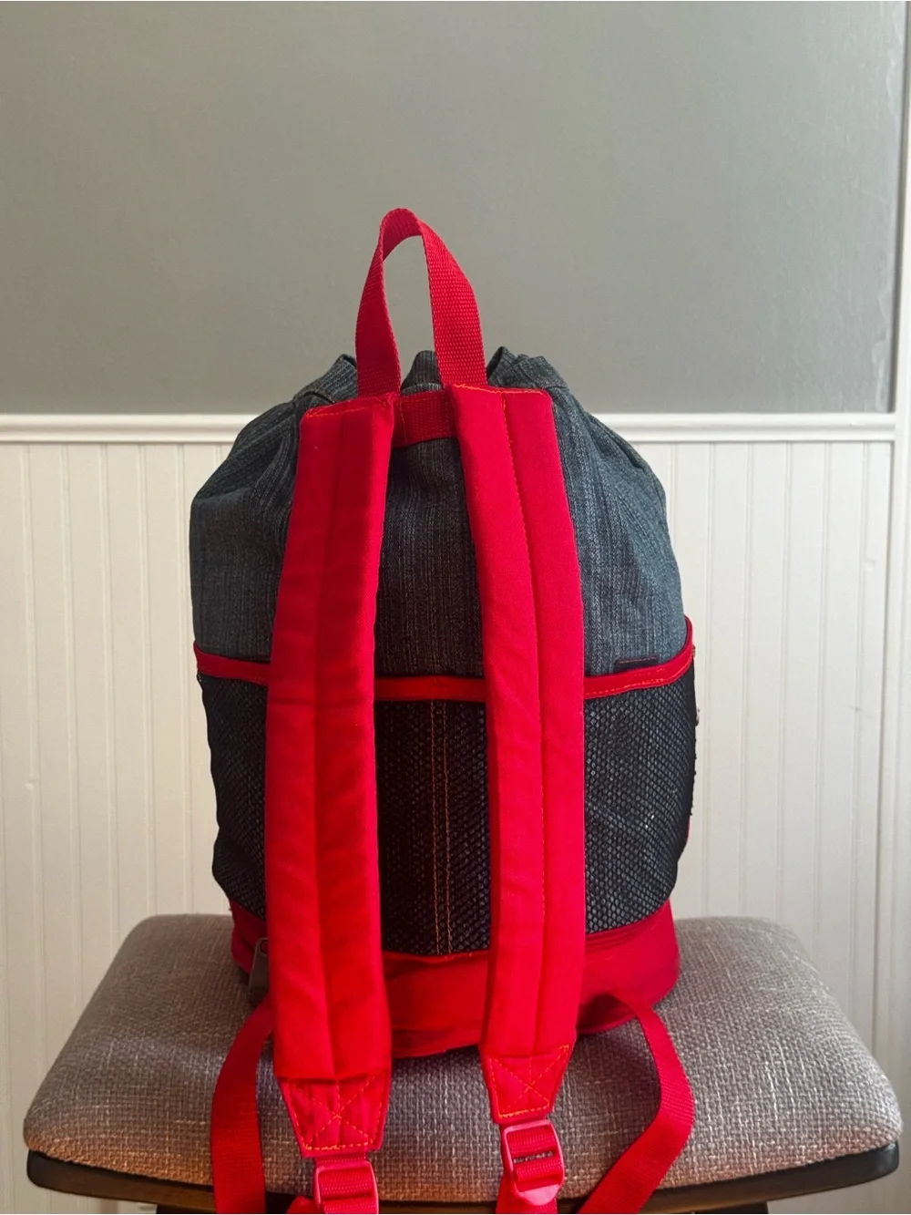 Vintage Harley-Davidson Denim Backpack with Red Trim and Motorcycle Embroidery